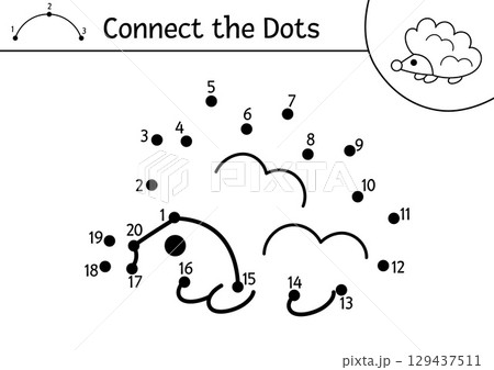 Vector dot-to-dot and color activity with hedgehog. Forest connect the dots game with cute woodland insect for children. Coloring page or printable worksheet for kids Vector dot-to-dot and color activity with hedgehog. Forest connect the dots game with cute woodland insect for children. Coloring page or printable worksheet for kids 129437511