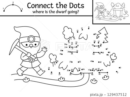 Vector dot-to-dot and color activity with dwarf going to mine. Fantasy forest connect the dots game. Magic woods coloring page or printable worksheet for kids. Where is the gnome going? Vector dot-to-dot and color activity with dwarf going to mine. Fantasy forest connect the dots game. Magic woods coloring page or printable worksheet for kids. Where is the gnome going? 129437512