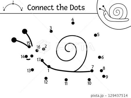 Vector dot-to-dot and color activity with snail. Forest connect the dots game with cute insect. Coloring page for kids with mollusk. Printable worksheet with woodland animal 129437514