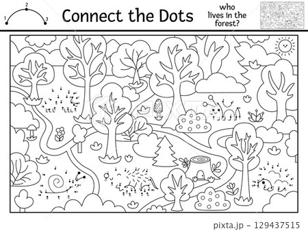 Vector dot-to-dot and color activity with forest scene with animals and insects. Connect the dots game with woodland landscape. Coloring page, printable worksheet for kids. Who lives in woods? 129437515