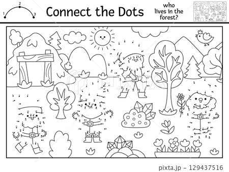 Vector dot-to-dot and color activity with forest scene with gnomes, mine, gems. Connect the dots game with woodland landscape, dwarfs. Printable coloring page for kids. Who lives in woods? Vector dot-to-dot and color activity with forest scene with gnomes, mine, gems. Connect the dots game with woodland landscape, dwarfs. Printable coloring page for kids. Who lives in woods? 129437516