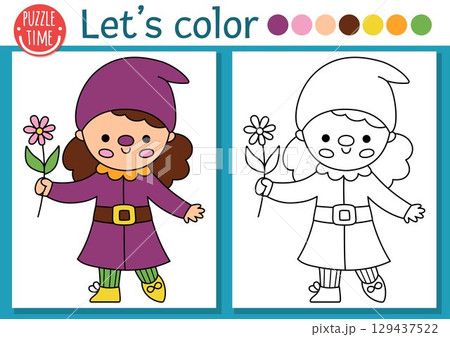 Pre-made coloring page for children with garden girl dwarf. Vector fairytale outline illustration with gnome with flower. Fantasy forest color book for kids with colored example Pre-made coloring page for children with garden girl dwarf. Vector fairytale outline illustration with gnome with flower. Fantasy forest color book for kids with colored example 129437522