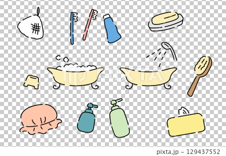 一套可愛、手繪、簡單的沐浴用品 129437552