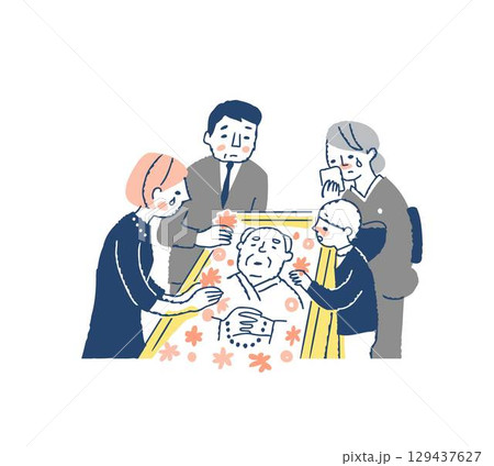 納棺　棺に花を手向ける親族 129437627
