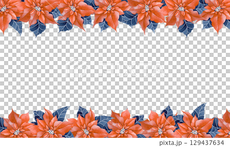 Christmas rectangular frame with poinsettia, hand-drawn. Watercolor illustration. A festive template with a place to insert postcards and invitations. Flower banner. Christmas rectangular frame with poinsettia, hand-drawn. Watercolor illustration. A festive template with a place to insert postcards and invitations. Flower banner. 129437634