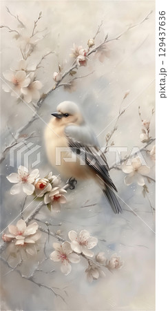 Watercolors illustration: a small grey bird with light breast sits on a flowering branch. Light coloured background, copy Watercolors illustration: a small grey bird with light breast sits on a flowering branch. Light coloured background, copy 129437636