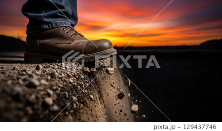 A worker's boot nudges a pile of gravel, causing stones to tumble down as the sun sets in a vibrant sky behind them. The focus highlights the activity in a construction area. A worker's boot nudges a pile of gravel, causing stones to tumble down as the sun sets in a vibrant sky behind them. The focus highlights the activity in a construction area. 129437746