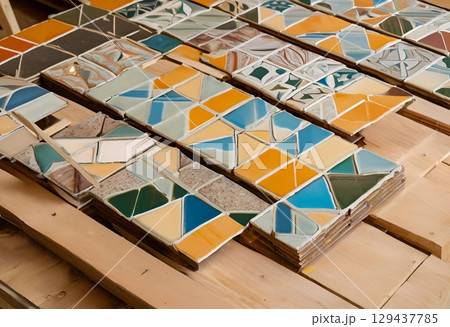 Old cracked tiles with colorful diverse patterns.AI Generated 129437785