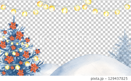 A festive frame with a Christmas tree, garlands and snowdrifts, hand-drawn. Watercolor illustration. A template with a place to insert for making postcards, greetings, and invitations. New Year's ban A festive frame with a Christmas tree, garlands and snowdrifts, hand-drawn. Watercolor illustration. A template with a place to insert for making postcards, greetings, and invitations. New Year's ban 129437825