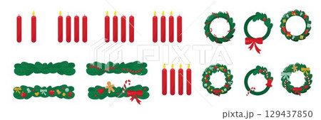 Set Christmas wreath and candles for greeting cards Merry Christmas and happy new year. Vector stock illustration isolated on white background for design poster, holiday cover, advertising, sales 129437850