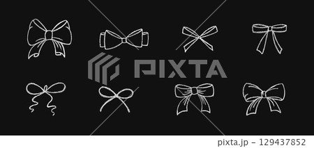 Chalk coquette bow with ribbon set. Hand drawn vector illustration isolated on black chalkboard background for design template present, wedding, Birthday, Christmas decoration or discount, sale. EPS10 129437852