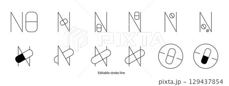 No pills symbol or icon. Vector stock illustration isolated on white background for design template medical, pharmacy, hospital, healthy bio shop concept web and print material. Editable stroke line. No pills symbol or icon. Vector stock illustration isolated on white background for design template medical, pharmacy, hospital, healthy bio shop concept web and print material. Editable stroke line. 129437854