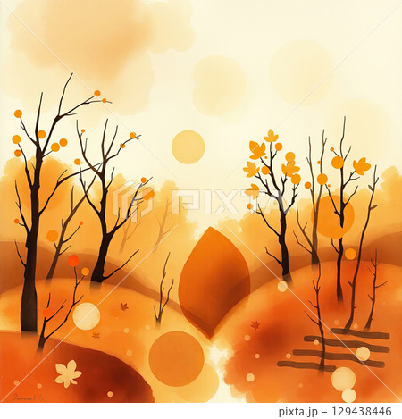 Vibrant fall illustration featuring forest and paint splashes. 129438446