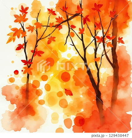 Vibrant fall illustration featuring forest and paint splashes. 129438447