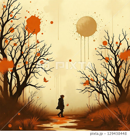 Watercolor autumn background with trees and artistic splashes. 129438448