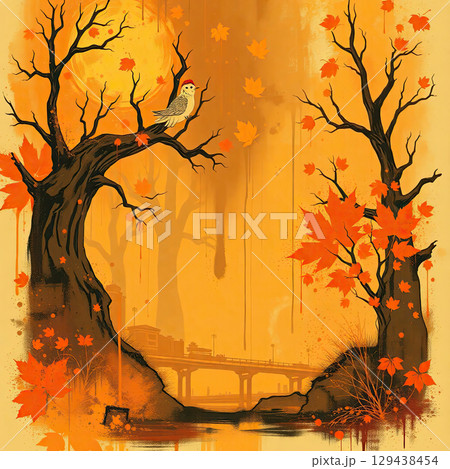 Soft fall landscape in watercolor with blot and wash effects. 129438454