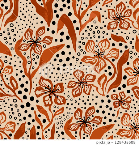 Floral polka dot animal skin seamless pattern. Vector hand drawn flowers, botanical dotted print, wallpaper. 129438609