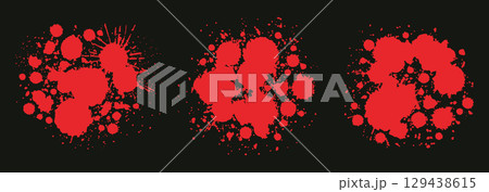 Blood drops party decorations. Halloween blood splash silhouettes, spooky halloween grunge dripping blood splashes flat vector illustration set. Blood splatter on dark background Blood drops party decorations. Halloween blood splash silhouettes, spooky halloween grunge dripping blood splashes flat vector illustration set. Blood splatter on dark background 129438615