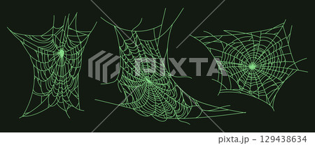 Spooky spider web. Halloween horror october party spider cobweb decor flat vector illustration set. Halloween hanging spider web collection 129438634