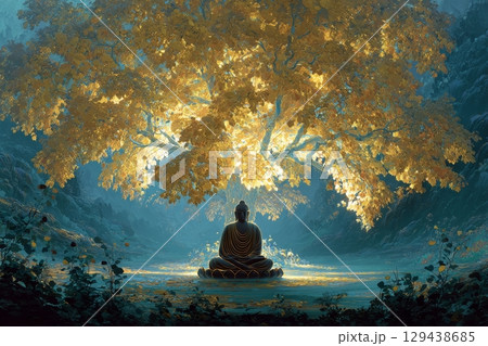 Meditative buddha under golden tree serene nature scene tranquil environment peaceful viewpoint spiritual concept 129438685