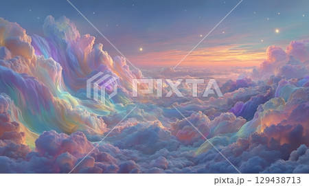 Cosmic rainbow clouds over serene horizon dreamy landscape digital art ethereal atmosphere wide angle view 129438713