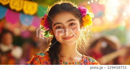 Celebrating mexican independence day girl in traditional clothing colorful festival outdoor setting joyful atmosphere 129438731