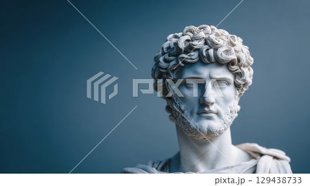 Stoic philosophy in sculpture greek philosopher bust museum exhibition artistic display dimly lit environment close-up view timeless concepts 129438733