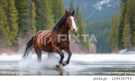 Majestic horse crossing a serene river in nature action-packed scene vibrant landscape captured from a dynamic perspective 129438743