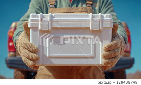 Insulated cooler box symbolizing preservation and logistics outdoor setting product showcase clear blue sky close-up perspective 129438749