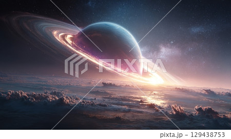Celestial exploration of saturn's rings outer space digital art cosmic environment wide angle view interstellar vision Celestial exploration of saturn's rings outer space digital art cosmic environment wide angle view interstellar vision 129438753