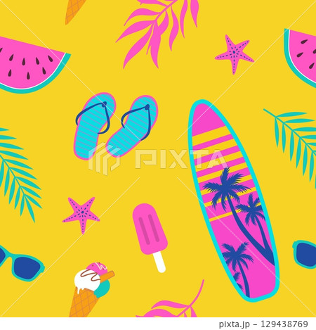 Summer seamless pattern with beach accessory and fruit. Watermelon, sunglasses, ice cream, surfboard, tropical leaves. Cartoon vector illustration 129438769