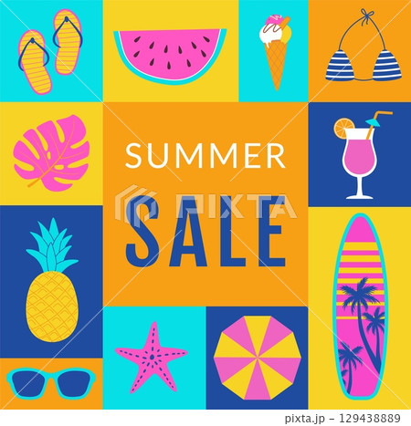 Summer sale poster in geometric style. Summertime elements background, banner, flyers design for web, shop, bar, travel. 129438889