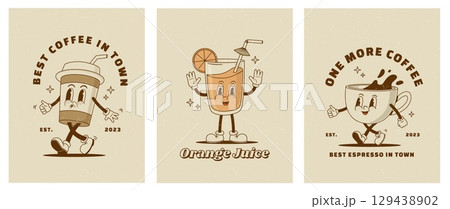 Set of retro cartoon funny characters posters. Vintage drink vector illustration. Latte, cappuccino, coffee cup, juice mascot. Nostalgia 60, 70s, 80s 129438902