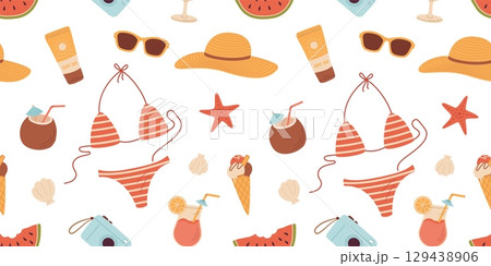 Summer seamless pattern with beach accessory and items. Bikini, sunglasses, cream, watermelon, hat, ice cream, camera. Cartoon vector illustration 129438906