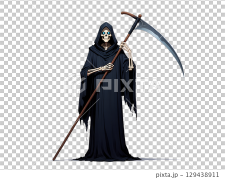 Grim reaper with scythe isolated, menacing dark figure in hooded cloak, death symbol Grim reaper with scythe isolated, menacing dark figure in hooded cloak, death symbol 129438911
