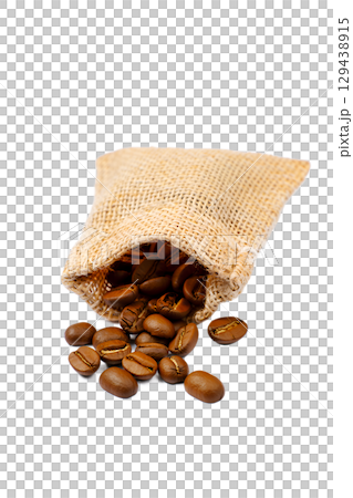Coffee beans spilling from rustic burlap sack, fresh arabica beans isolated on transparent background Coffee beans spilling from rustic burlap sack, fresh arabica beans isolated on transparent background 129438915