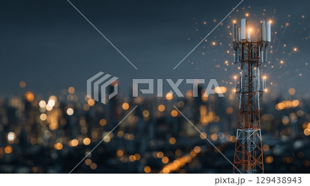 Telecommunications infrastructure advancements in urban landscapes modern connectivity nighttime cityscape high-definition viewpoint 129438943