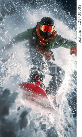 Snowboarder riding through deep snow in the mountains action shot winter sports dynamic environment close-up thrill of adventure 129439005