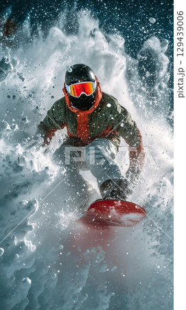 Snowboarder riding through deep snow mountain resort action photography winter wonderland dynamic angle adventure experience Snowboarder riding through deep snow mountain resort action photography winter wonderland dynamic angle adventure experience 129439006