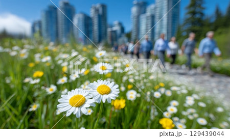 Wild daisies flourish amidst bustling city center urban landscape floral photography vibrant environment close-up view nature's resilience 129439044