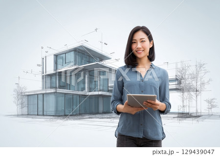 Innovative home design by a female architect modern residence digital sketch contemporary setting professional perspective 129439047