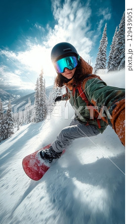 Woman snowboarder carving down a snowy mountain slope winter wonderland action shot outdoor adventure dynamic viewpoint 129439051
