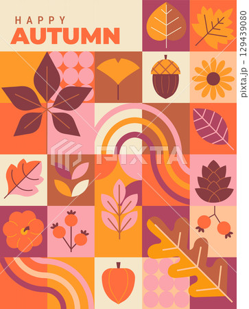 Hello autumn, vertical geometric banner.Greeting fall poster with leaves and isolated symbols of autumn-rowan berries, pumpkin,apple, sunflower.Template for harvest festival or Thanksgiving day.Vector 129439080