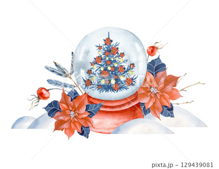 A festive composition with a snow globe, a Christmas tree, a bright poinsettia, rose hips and snowdrifts, hand-painted. Watercolor winter illustration isolated on a white background. A New Year's temp 129439081