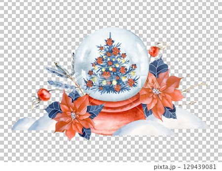 A festive composition with a snow globe, a Christmas tree, a bright poinsettia, rose hips and snowdrifts, hand-painted. Watercolor winter illustration isolated on a white background. A New Year's temp 129439081