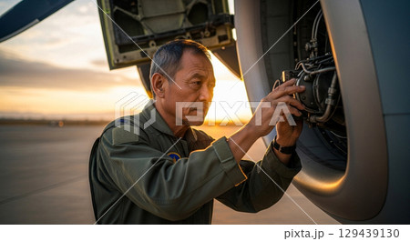 An experienced Asian cargo pilot carefully examines the engine of a large turboprop aircraft at an airfield during a stunning sunset, showcasing his dedication to aviation safety and maintenance. 129439130