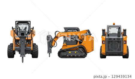 Showcasing a hydraulic breaker attachment in three distinct views, this machine features a pointed hammer for effective demolition tasks, equipped on a compact tracked or wheeled base. 129439134