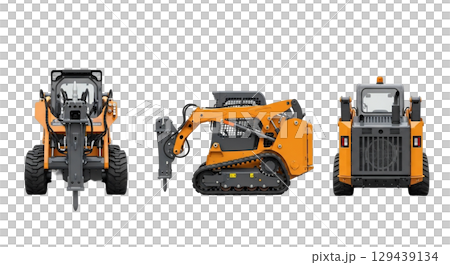 Showcasing a hydraulic breaker attachment in three distinct views, this machine features a pointed hammer for effective demolition tasks, equipped on a compact tracked or wheeled base. 129439134