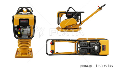 Heavy yellow industrial plate compactor features a large vibrating base plate and control handle, designed for effective soil and asphalt compaction in construction projects. 129439135