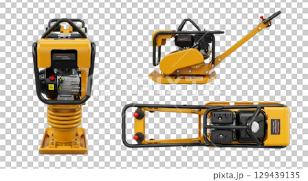Heavy yellow industrial plate compactor features a large vibrating base plate and control handle, designed for effective soil and asphalt compaction in construction projects. 129439135